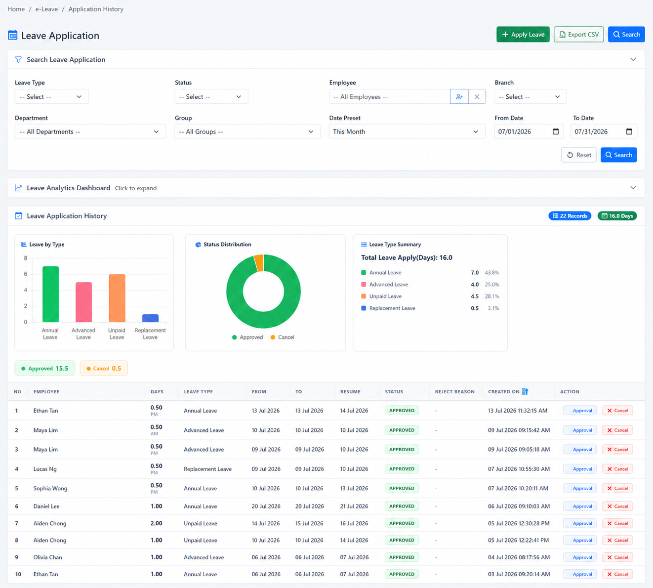 Leave Applications, Self-Service & Approvals: Application history